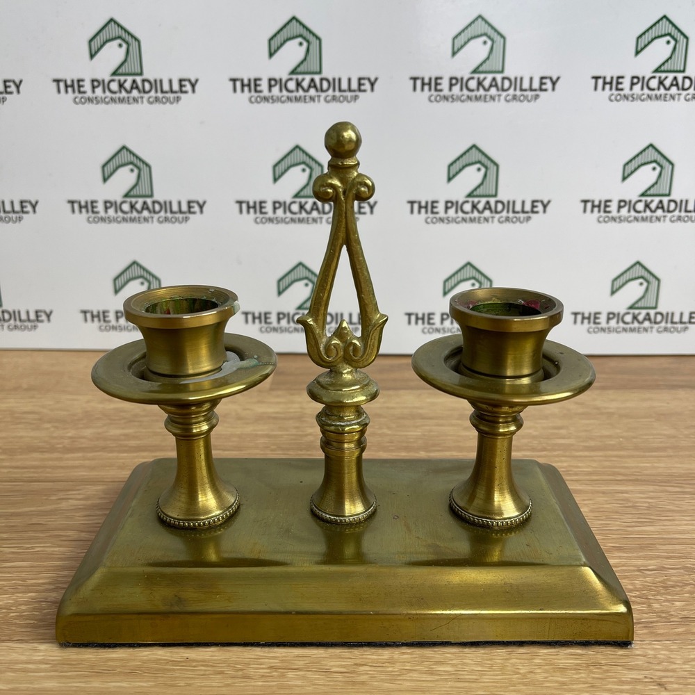 Vintage Solid Brass Double Taper Candle Holder Ornate Handle Rectangular Base